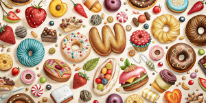 confectionery 2d texture, graphics, line drawing, donuts, cakes, candies, sweet nuts, croissants , white background, 8K, hires, top view, text "cake", word "Honey", word "Wow!"
