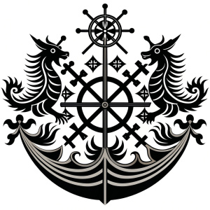 Nordic dragon-boat - pattern vegvisir symbol –  high-definition design grey and black, realistic tattoo design, white background