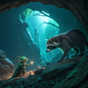 Scene from Guardians of the Galaxy Vol. 2: Raccoon and small alien exploring an eerie, rocky cave illuminated by a greenish-blue light.