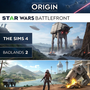 Homepage screenshot of Origin featuring Star Wars Battlefront as main banner. Below, sections for Sims 4, Badlands 2, and a vehicle game.