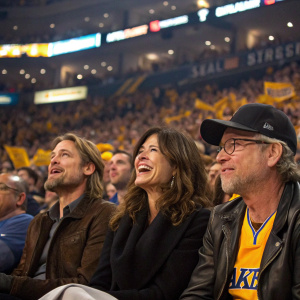 Brad Pitt, Catherine Keener, and Steven Spielberg attending a high-energy NBA game. Crowded stadium, cheering fans