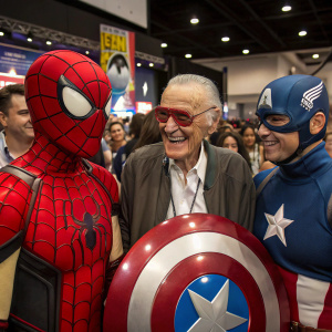 Stan Lee, smiling, surrounded by life-size Marvel characters at a Comic-Con convention.