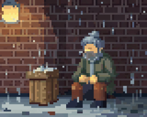hobo asking for money sitting near to trashcan. Behing him is a wall made of bricks. There should be rainy outside.