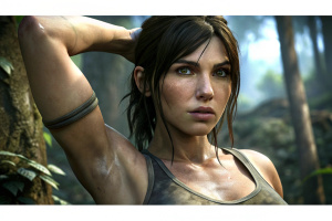 screenshot of Lara Croft from the Shadow of Tomb Raider game. She is reluctantly showing her shocking armpit hair. She is in a forest. explicit, reality, intricate details, natural lighting, 32k