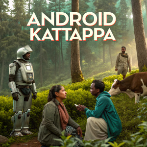 Web series poster for Android Kattappa. Diverse group of characters in a lush, forested area. Robot figure among people of various ethnicities, alongside a cow.