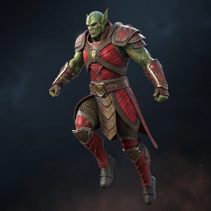 A 3D model of a strong, green-skinned warrior. Elven facial features. Wearing a red and brown armor. Floating in mid-air. Dark background