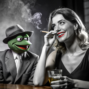 Pepe the Frog, drinking whiskey and smoking cigarettes. Hot lady laughing, black and white noir filter
