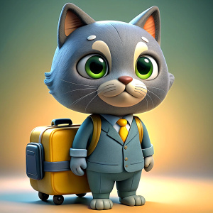 cute grey cat travelling around the world with a suitcase