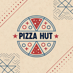 Logo design for Pizza Hut. Geometric symbol, modern font for brand name, textured background in beige with accents of blue and red.
