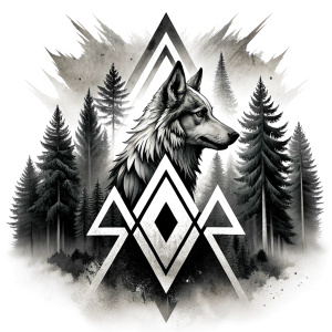 valknut runes pattern geometric symbols - wolf and trees - tattoo design - perfect realistic art - high-definition - grey and black - white background 