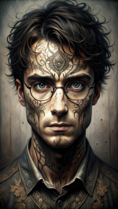 Harry Potter professional photo+hyperrealism+filigree drawing of the face, filigree drawing of the eyes, ink+sketch+coal, noir, filigree, photorealism, Gothic, a high resolution, natural realism, depth and beauty, 8k, symmetrical,elaboration
