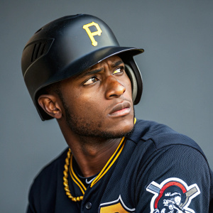 Yerry de los Santos, Pittsburgh Pirates player, intense gaze. Wearing black pith helmet with white 'B' logo, navy jersey with team patches. Solid gray backdrop