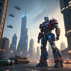 High-definition 3D render of Optimus Prime, standing alone on a futuristic cityscape.