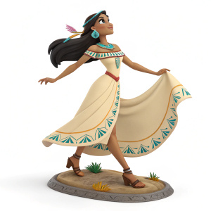 3D model of Chel from 'The Road to El Dorado'. Posed dynamically. Wearing traditional attire. Set against a plain white backdrop, showcasing intricate details of her clothing and features.