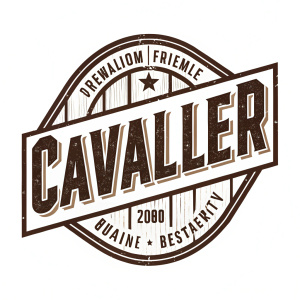 The logo for Cavaller, bold, rustic and aged texture, weathered wood appearance, thick font, plain white background