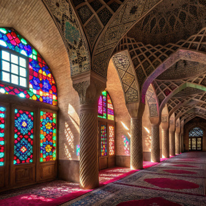 Inside Nasir Al-Mulk Mosque, the light from stained glass windows creates a vibrant display of colors on intricate columns and detailed arches, showcasing traditional Islamic design.