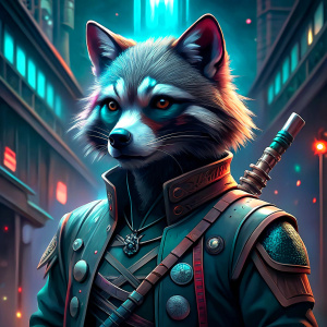 Racoon in cyberpunk, Samurai, Ninja, Katana