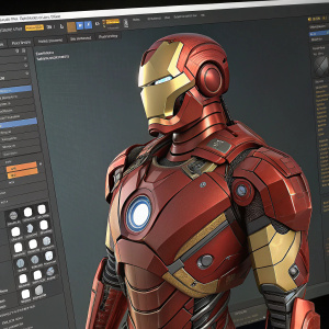 Detailed rendering of Iron Man's suit in a digital design software. Chest plate and mechanical parts are highlighted. Extensive menu options and tools visible.