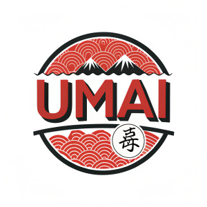 Modern logo design for a yakiniku restaurant. Bold Umai text in vibrant red and black. Traditional Chinese-style characters incorporated. Stylish branding elements for restaurant marketing.