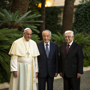 Historic photo: Pope Francis, Shimon Peres, and Mahmoud Abbas. Dressed in white robe, dark suits, and ties, they stand together in the Vatican Gardens. Lush greenery and fern-like plants in the background.