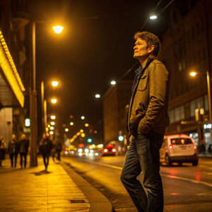 Morten Harket on a busy city street at night. Wearing a casual jacket and jeans. Streetlights cast a yellow glow over him.