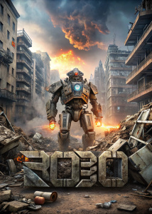 robotic fight poster, destoried buildings flights, very realistic details everything. tittle "ROBOO3"