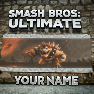 Promotional banner for 'Smash Bros. Ultimate'. Bowser in an aggressive, dynamic pose against a fiery backdrop. Vibrant orange and brown color palette. Stylized, cartoonish design with rough, rocky texture. 'YOURNAME' and social media icons prominently featured.