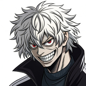 Tomura Shigaraki from My Hero Academia. Grimacing face, detailed with bold black lines and limited color palette. Set against a stark white backdrop.