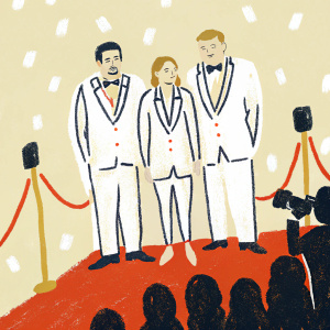 Colin Farrell, Kerry Condon, and Brendan Gleeson, dressed in elegant suits, on the red carpet. Background is a sea of flashing cameras and excited fans at the Screen Actors Guild Awards.