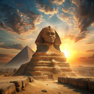 Une représentation majestueuse du Grand Sphinx de Gizeh, sa silhouette imposante se dressant sur fond de soleil levant. Le regard énigmatique du Sphinx semble traverser le temps, incarnant la sagesse et la puissance de la civilisation égyptienne antique. Les détails complexes de son corps de lion et de sa tête humaine capturent l'art et le symbolisme de ce monument emblématique.

