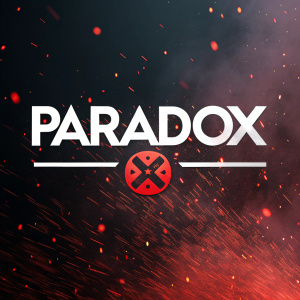 Paradox game logo on dynamic, abstract backdrop. Modern, bold sans-serif typeface. Central logo with red graphic detail. Dark, chaotic background with splashes of color. Contrasting elements create focal point.
