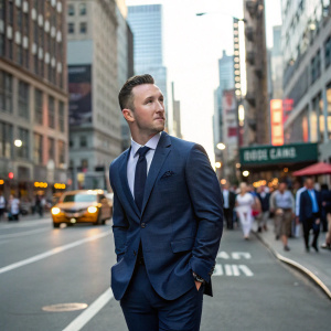 Alex Bregman, Houston Astros player, wearing a dark blue suit and tie. Standing alone in a bustling city street.