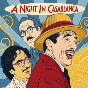 Colorful Japanese film poster for 'A Night In Casablanca'. The Marx Brothers - Groucho, Harpo, and Chico - are depicted in vibrant hues of blue, yellow, and red, with exaggerated, cartoonish features.
