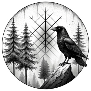 vegvisir runes geometric Yggdrasil Symbol - raven and trees - perfect realistic art, high-definition, high-definition grey and black, white background 