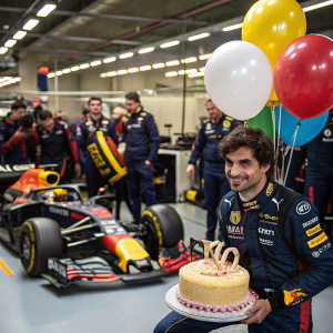 Carlos Sainz Jr celebrating his birthday at the Formula One team garage, surrounded by racing cars and technical equipment.
