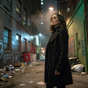 Megan Boone as Agent Elizabeth Keen. Standing in an urban alleyway, surrounded by graffiti and discarded trash. Dark and gritty atmosphere.