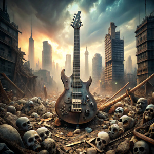 guitarra electrica enterrada en una ciudad apocaliptica, hay pedazos de un robot y craneos humanos
