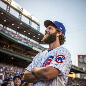 Miles Mastrobuoni, bearded baseball player, posing confidently. Crowded stadium in the background. Wearing a Chicago Cubs jersey.