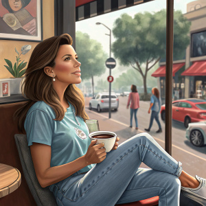 Eva Longoria, wearing a casual, light blue t-shirt and jeans, hanging out at a coffee shop. Busy street in the background