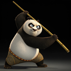 Po the Kung Fu Panda from the movie, dynamic pose, holding a bamboo stick. Dark background
