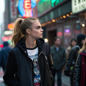 Cara Delevingne on a bustling street, wearing a casual black jacket over a graphic tee. Her hair is tied back in a ponytail. She's surrounded by people and neon signs.