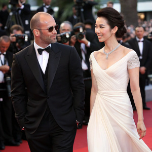 Jason Statham and Li Bingbing at the Cannes Film Festival premiere. Jason in black suit and shades, Li in flowing white gown. Red carpet, flashing cameras, crowd in background.