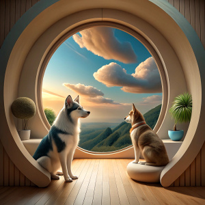 A Cat and a large husky Dog are watching the view from the window in a large, spacious room of a 3D house.