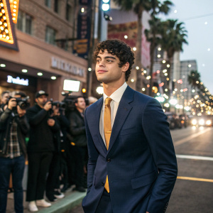 Noah Centineo, standing on Hollywood Boulevard. Wearing a navy blue suit, gold tie. Surrounded by paparazzi.