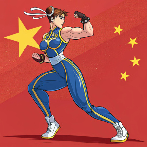 Chun-Li from Street Fighter in a dynamic pose, showcasing her athleticism and strength. Muscular build, detailed and glossy appearance. Vibrant red background with traditional Chinese elements like yellow stars. Bold colors and dynamic lines, digital illustration style.