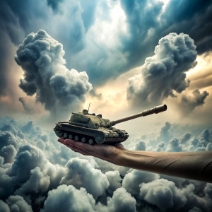 a gigantic hand passing through the clouds holding a tank