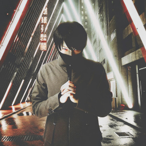 Ken Kaneki from Tokyo Ghoul. Standing amidst a surreal, neon-lit cityscape. Dark and moody atmosphere. Eyes intense, hands clenched.