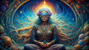 Blindfolded and serene, the old mystic sits in meditation, her mind's eye peering into the depths of the future.