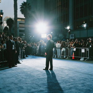 Benedict Cumberbatch in a sleek black suit, at the Hollywood premiere of his latest film. Crowded event, flashing cameras