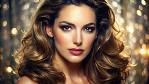 
kelly brook,beautiful ultra-realistic soft makeup, backgrond macro shine briliant